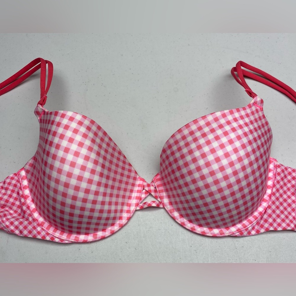 VS WHT/PNK GINGHAM Lined Demi, 36C *P1058